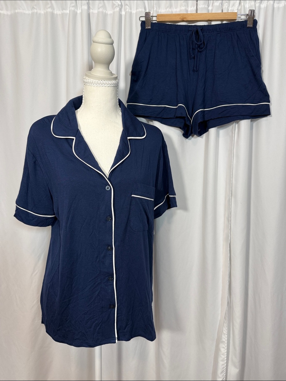 Auden Navy Blue Short Sleeve Pajama Set with White Piping